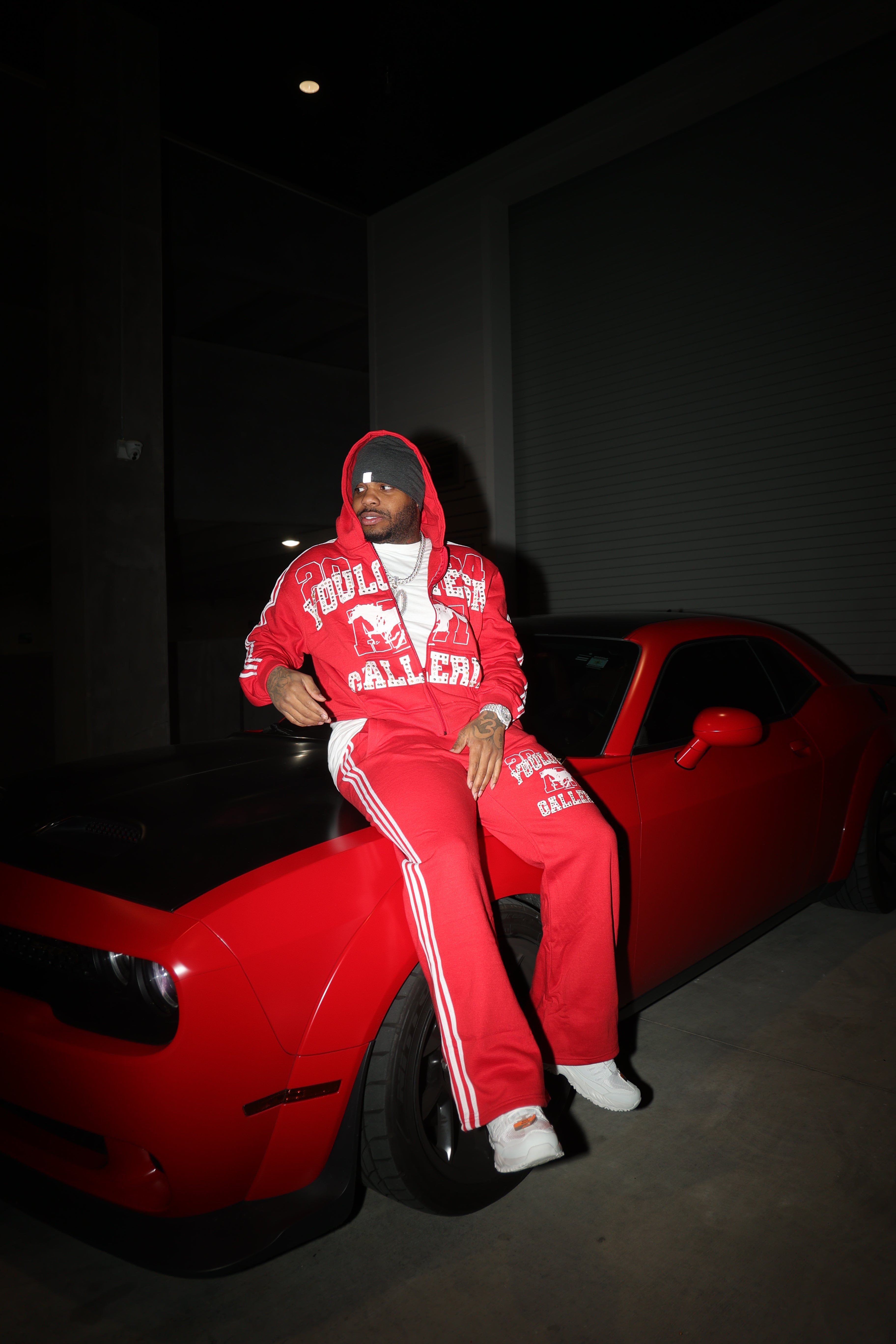 YLSA RED RHINESTONE BALL HOG HOODIE